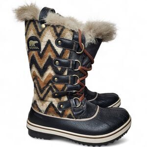 Sorel Tofino Winter Boots Waterproof Black Tan Chevron Womens Size 8 Faux Fur